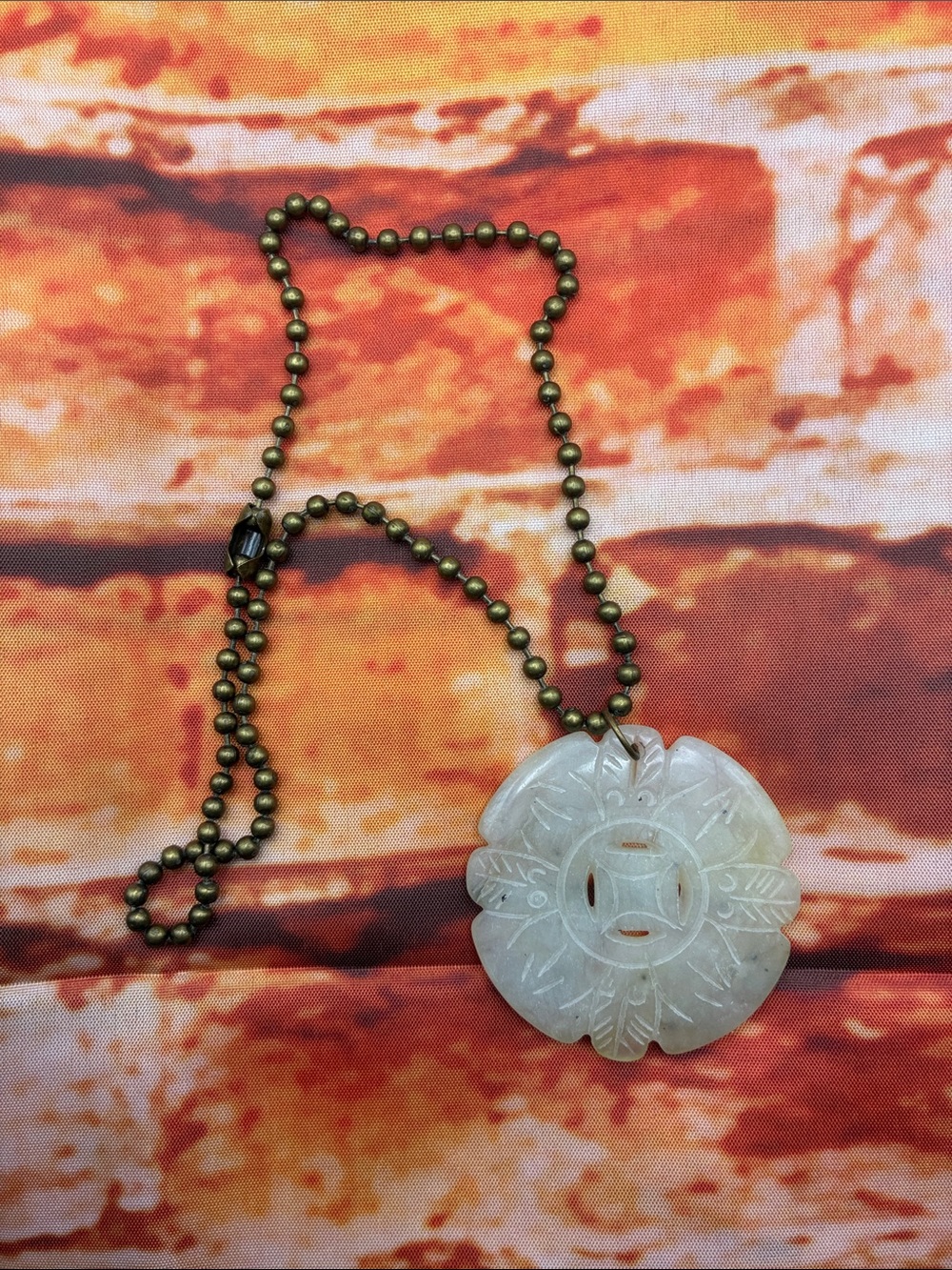 Carved Serpentine Flower Pendant Necklace